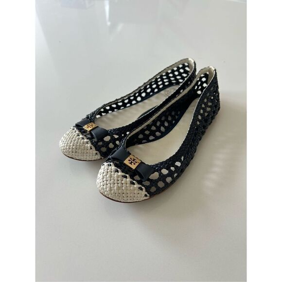 Tory Burch Carlyle Woven Leather Ballet Flats Women’s White Navy Size 6.5 - Picture 1 of 8